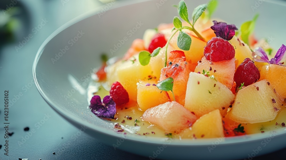 A macro shot of a beautifully arranged fruit salad in a white bowl, showcasing vibrant colors and healthy ingredients A macro shot of a beautifully arranged fruit salad in a white bowl, showcasing vibrant colors and healthy ingredients