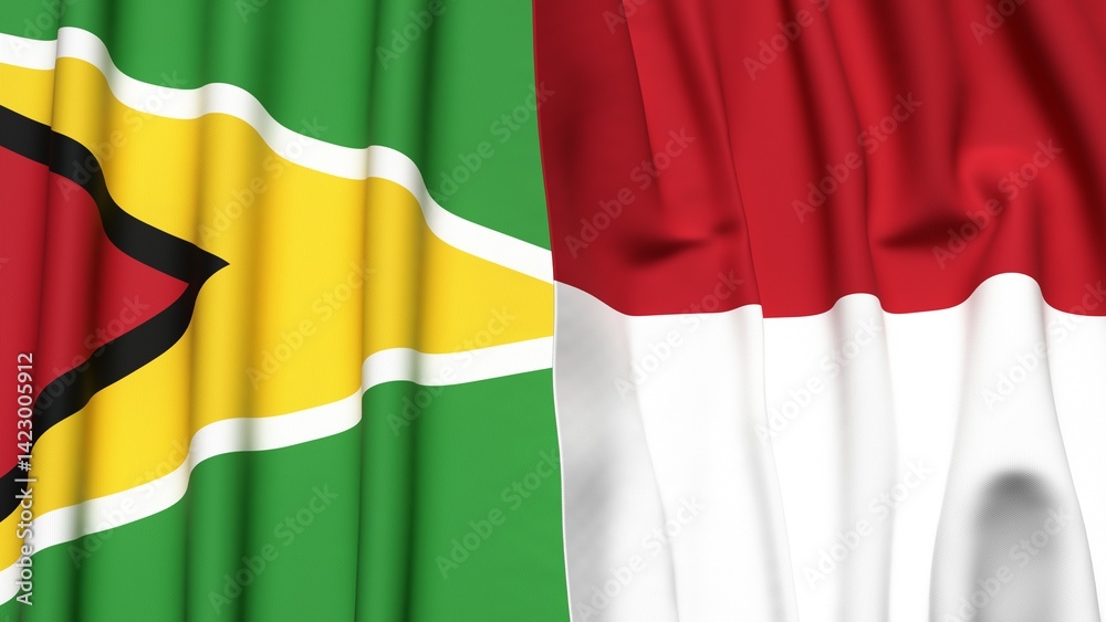 Fototapeta premium Flags of GUYANA and INDONESIA with realistic cloth texture