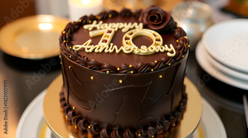 Decadent chocolate cake celebrating a tenth anniversary with gold accents.
