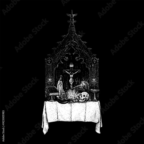 dark altar hand drawing vector isolated on black background.