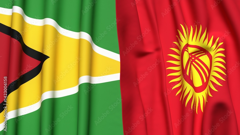 Fototapeta premium Flags of GUYANA and KYRGYZSTAN with realistic cloth texture