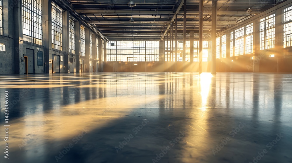 Bright Industrial Space with Sunlight Through Large Windows Bright Industrial Space with Sunlight Through Large Windows