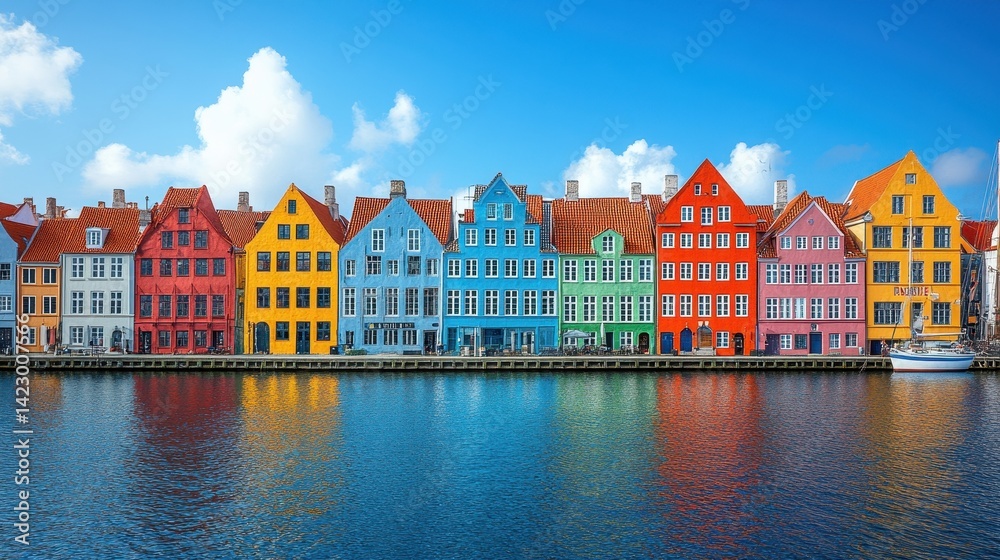 Obraz premium Vibrant waterfront homes line a Danish canal.