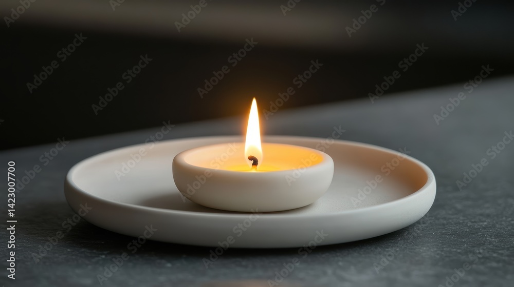 A macro shot of a small white candle with a soft flame, placed on a white ceramic plate, creating a calming ambiance A macro shot of a small white candle with a soft flame, placed on a white ceramic plate, creating a calming ambiance