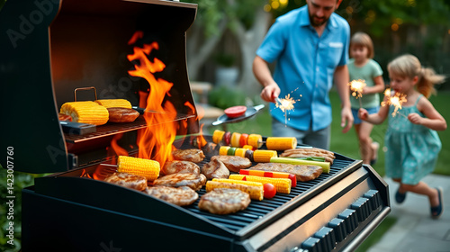 A backyard summer barbecue with a sizzling grill full of juicy steaks, corn on the cob, and skewers of colorful veggies. A father flips burgers while kids run around with sparklers. The warm glow of s