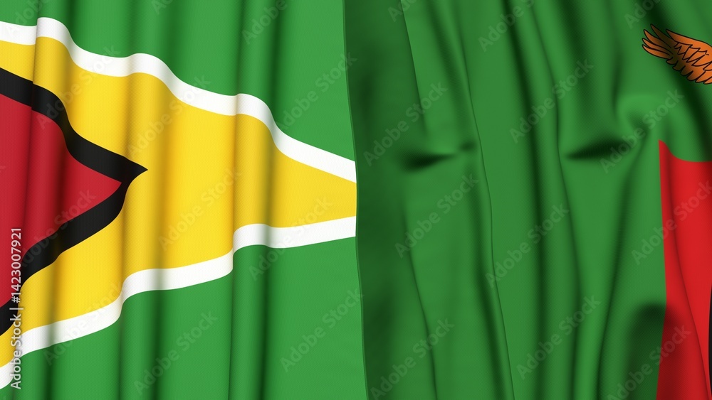 Fototapeta premium Flags of GUYANA and ZAMBIA with realistic cloth texture