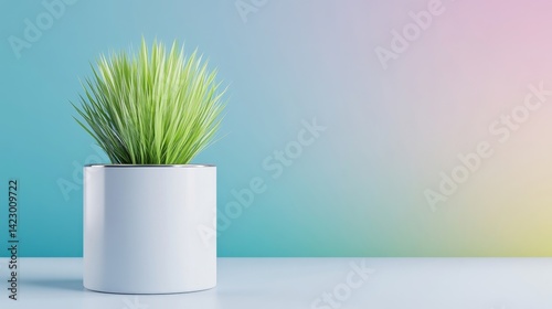 Minimalist green plant in a white ceramic pot placed on a table against a colorful pastel gradient background.