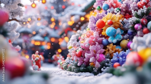 Vibrant miniature Christmas tree decorated with colorful ornaments in a snowy winter village with warm bokeh lights.