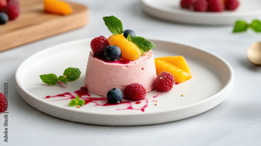 Raspberry swirl mousse with a splash effect on a white plate, surrounded by fresh fruit Raspberry swirl mousse with a splash effect on a white plate, surrounded by fresh fruit