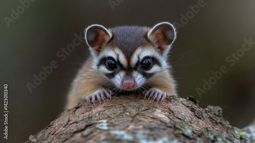 A cute ringtail cat peers curiously over a mossy tree branch in a soft-focus forest setting.