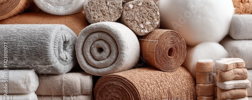 Close-up shot of various home insulation materials - close-up insulate green polyurethane eco-conscious