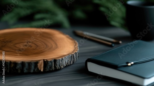 A rustic wooden slice coaster sits on a dark desk next to a leather notebook, pens, and a mug.