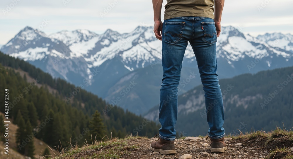 Naklejka premium Man contemplating nature against a majestic mountain backdrop 