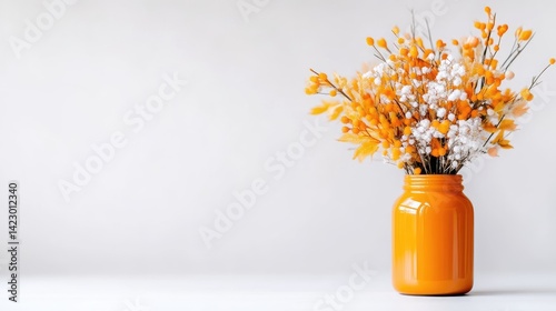 A bouquet of orange and white dried flowers in a bright orange jar stands on a white surface against a clean grey background.