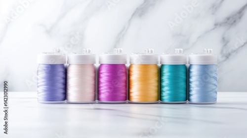Six colorful spools of sewing thread in pastel shades arranged in a row on a bright white marble tabletop.