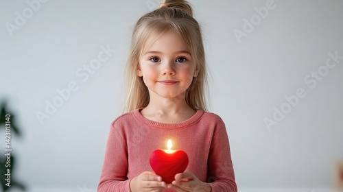 A young blonde girl holding a glowing red heart-shaped candle in her hands with a gentle smile against a soft neutral background.
