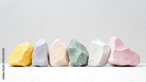 Row of six textured rocks painted in pastel colors standing on a white surface against a light grey background.