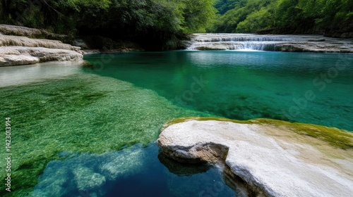 Clear turquoise water flows through a rocky canyon surrounded by a lush green forest with a small waterfall in the distance.