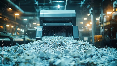 Close-up of industrial paper shredding process in dark factory environment