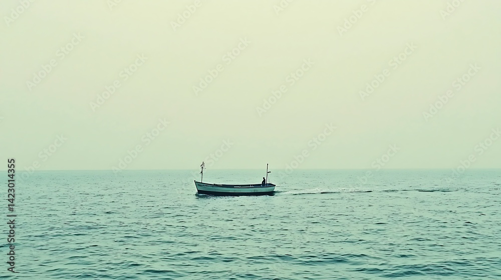 Lone boat sailing on the calm sea under a hazy sky, embracing solitude Lone boat sailing on the calm sea under a hazy sky, embracing solitude