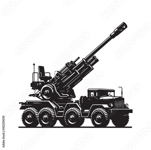 Howitzer artillery launcher truck silhouette vector illustration
