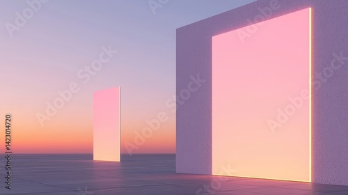 Minimalist 3D render of glowing pink portals standing on a flat concrete plane under a gradient sunset sky.