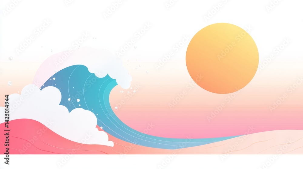 Naklejka premium Vibrant Flat Design of a Tsunami Wave Crashing Under a Bright Sun in a Gradient Sky