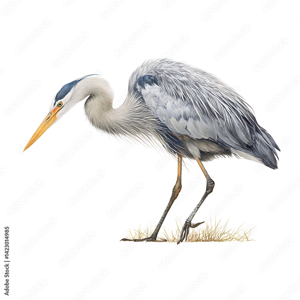 Fototapeta premium Great Blue Heron illustration, detailed bird artwork with isolated white background.