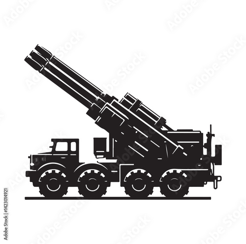 Howitzer artillery launcher truck silhouette vector illustration