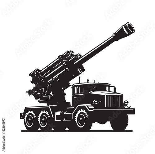 Howitzer artillery launcher truck silhouette vector illustration