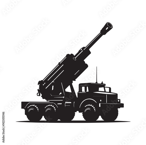 Howitzer artillery launcher truck silhouette vector illustration