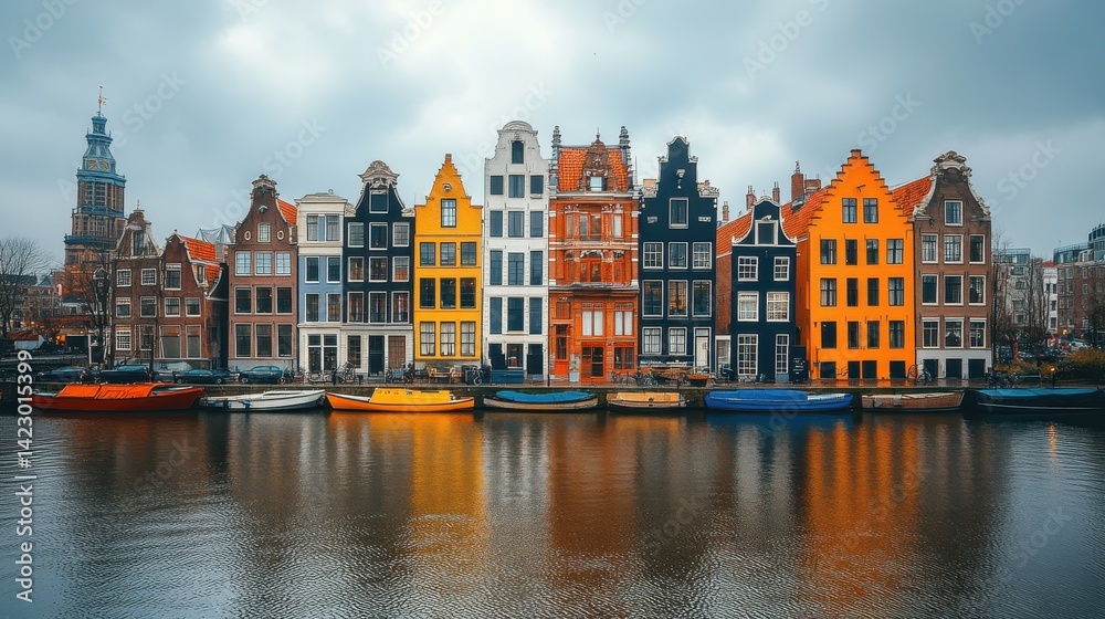 Obraz premium Colorful dutch canal houses reflect on the water.