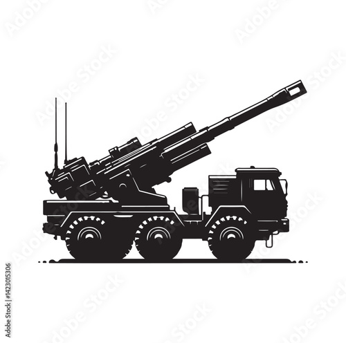 Howitzer artillery launcher truck silhouette vector illustration