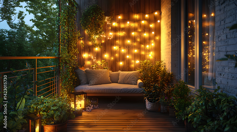 Obraz premium Cozy Night Balcony with String Lights and Greenery