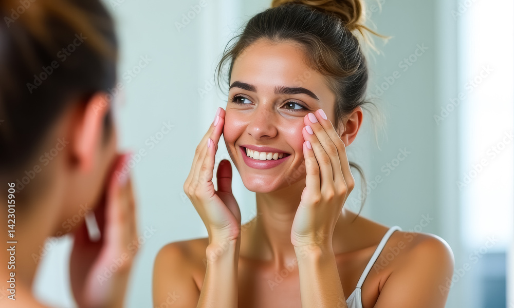 Woman is applying makeup in front of a mirror Woman is applying makeup in front of a mirror