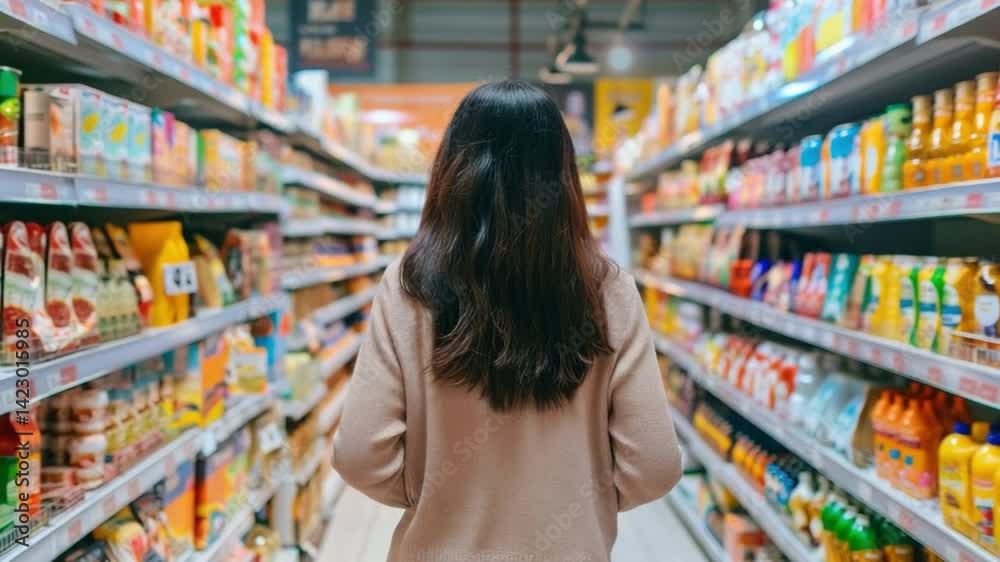 A solitary shopper navigating the vibrant aisles of a brightly-lit supermarket, an ode to everyday life. showcasing the variety of everyday products and food A solitary shopper navigating the vibrant aisles of a brightly-lit supermarket, an ode to everyday life. showcasing the variety of everyday products and food