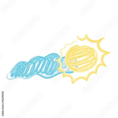Watercolor Illustration of Bright Sun With Clouds Icon Single