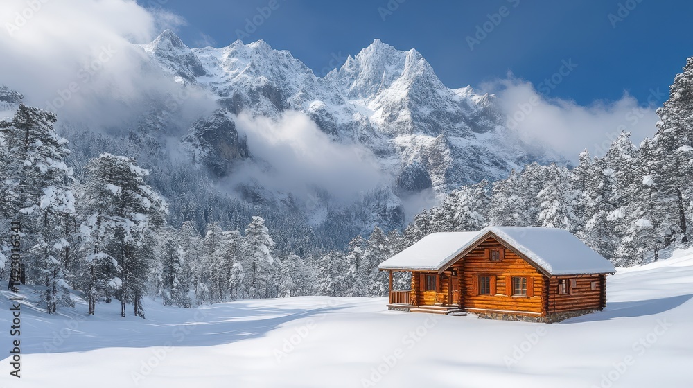 Snowy mountain landscape showcasing a cozy wooden cabin. Snowy mountain landscape showcasing a cozy wooden cabin.
