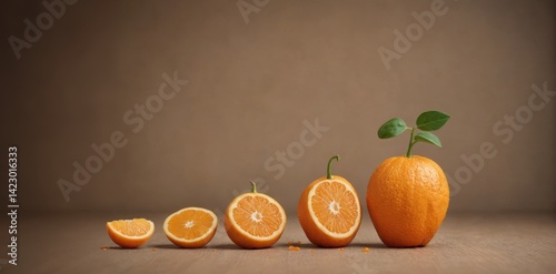 The warm-toned background enhances the vibrant orange color of the fruits, making them appear fresh and appealing. This arrangement symbolizes concepts such as growth, development or the journey.
