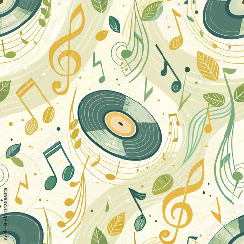 Seamless music notes overlay on a vinyl record backdrop, blending soft tones of yellow and green, lively and harmonious design