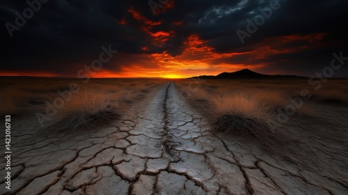 Dramatic sunset over cracked earth road