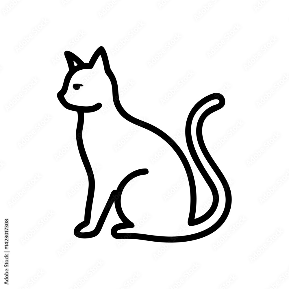 Naklejka premium Black cat, simple linear UI icon in black and white, Halloween-themed design with copy space against a white background
