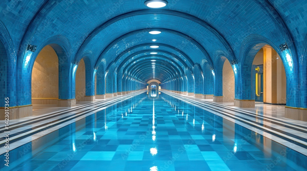 Fototapeta premium A lavish, turquoise indoor pool complex with arched ceilings.