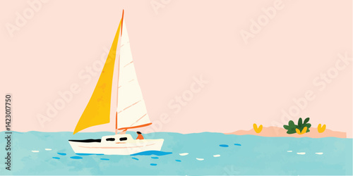 A serene sailboat gracefully glides across a tranquil turquoise sea, a lone figure at the helm, enjoying the calmness of the ocean, painted in minimalist and artistic style.