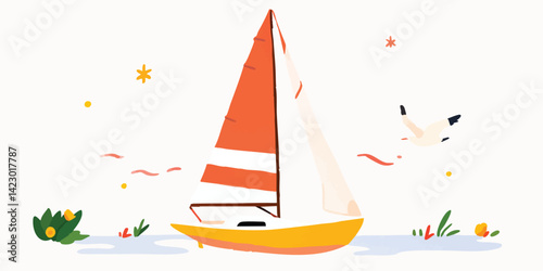 A vibrant sailboat glides gracefully across a sunlit sea, capturing the essence of freedom and adventure. This illustration portrays a picturesque maritime scene.