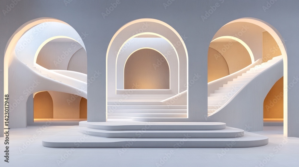 Fototapeta premium Abstract White Architectural Interior Design With Arched Pathways