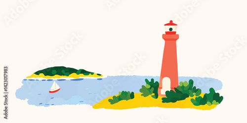 A serene coastal scene, depicting a lighthouse overlooking the ocean with a small sailboat. This evokes a sense of calm and guidance.