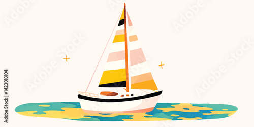 Sailing boat with colorful striped sails on calm water.