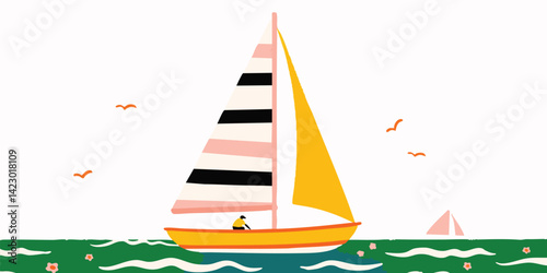 A vibrant illustration captures the essence of a leisurely sailing experience on a sunny day, with a lone individual navigating a colorful sailboat across the sea.
