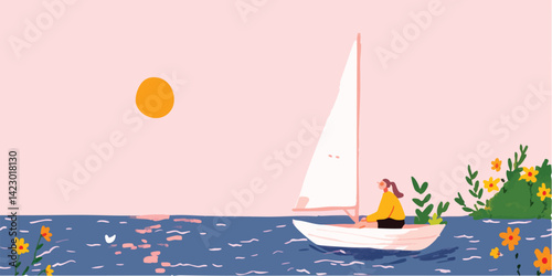 A solitary figure navigates a serene sailboat across calm water, embraced by a picturesque sunset, evoking a sense of peace and freedom. 